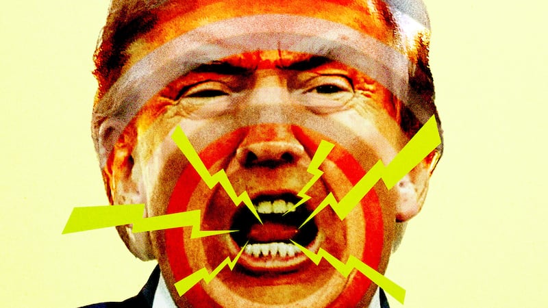 Illo illustration of a yelling donald trump with lightning bolts coming out of his mouth
