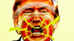 Illo illustration of a yelling donald trump with lightning bolts coming out of his mouth
