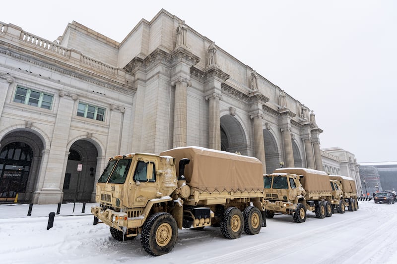 National Guard vehicles are parked outside of Union Station in January in Washington, DC.