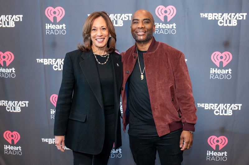 DETROIT, MICHIGAN - OCTOBER 15: Democratic presidential nominee, Vice President Kamala Harris (L) and Charlamagne Tha God pose for a photo before "We The People: An Audio Townhall With Kamala Harris and Charlamagne Tha God" on October 15, 2024 in Detroit, Michigan. (Photo by Aaron J. Thornton/Getty Images for iHeartMedia)