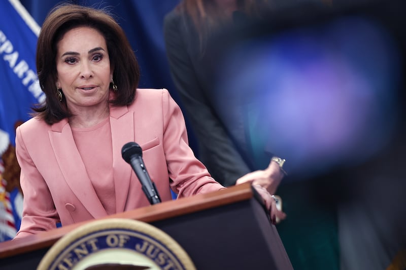 U.S. Attorney for the District of Columbia Jeanine Pirro speaks during a press conference at the U.S. Attorney’s Office October 15, 2025 in Washington, DC.
