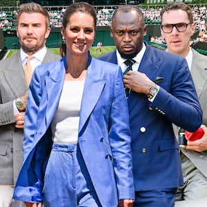 A photo collage of David Beckham, Kate Middleton, Usain Bolt, and Benedict Cumberbatch at Wimbledon.