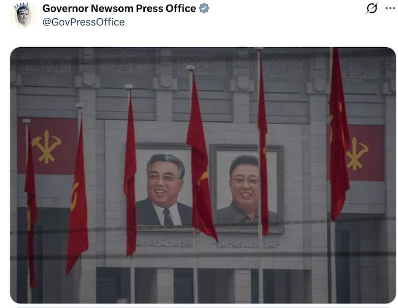 Governor Newsom's office reacting to the banner of Donald Trump outside the Justice Department.