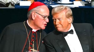 Donald Trump speaks with Archbishop of New York Timothy M. Dolan at the 79th Annual Alfred E. Smith Memorial Foundation Dinner at the Hilton Midtown in New York, October 17, 2024.
