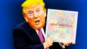 A photo illustration of Donald Trump holding up a map of New Mexico changed to New America.