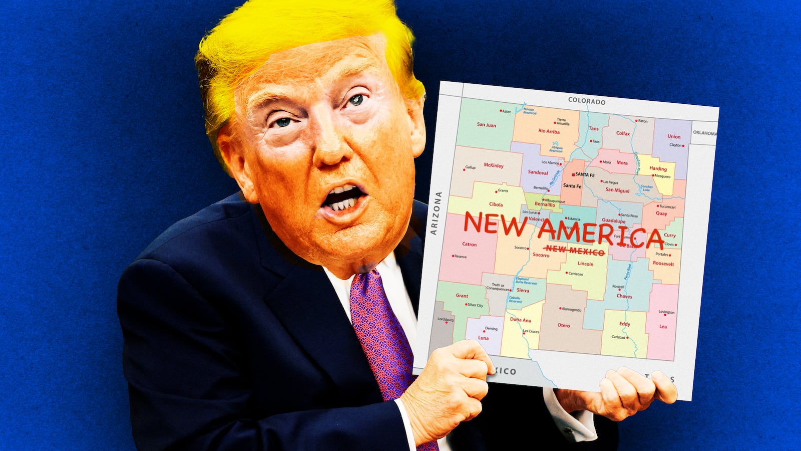 A photo illustration of Donald Trump holding up a map of New Mexico changed to New America.