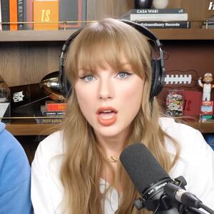 Taylor Swift with Travis Kelce on New Heights podcast.