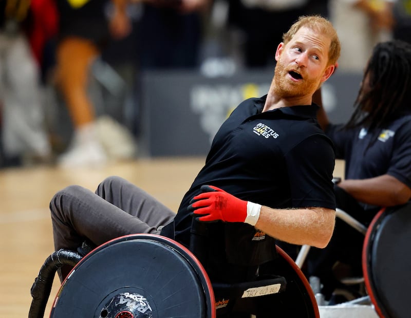 BIRMINGHAM, ENGLAND - JULY 10: (EMBARGOED FOR PUBLICATION IN UK NEWSPAPERS UNTIL 24 HOURS AFTER CREATE DATE AND TIME) Prince Harry, Duke of Sussex plays in a wheelchair rugby exhibition match during the Invictus 1 Year To Go event at the National Exhibition Centre on July 10, 2026 in Birmingham, England. Birmingham will host the Invictus Games in July 2027, the first time the Games have returned to the UK since the inaugural games in London 2014, and will feature twelve adaptive sports. (Photo by Max Mumby/Indigo/Getty Images)