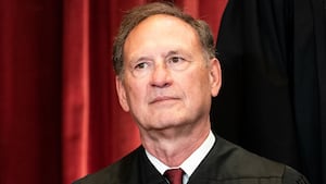 Associate Justice Samuel Alito sits during a group photo of the Justices at the Supreme Court in Washington, DC on April 23, 2021