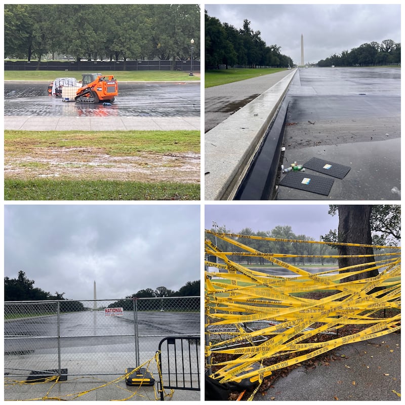 scenes from the reflecting pool show it empty, littered and surrounded by bright yellow caution tape.