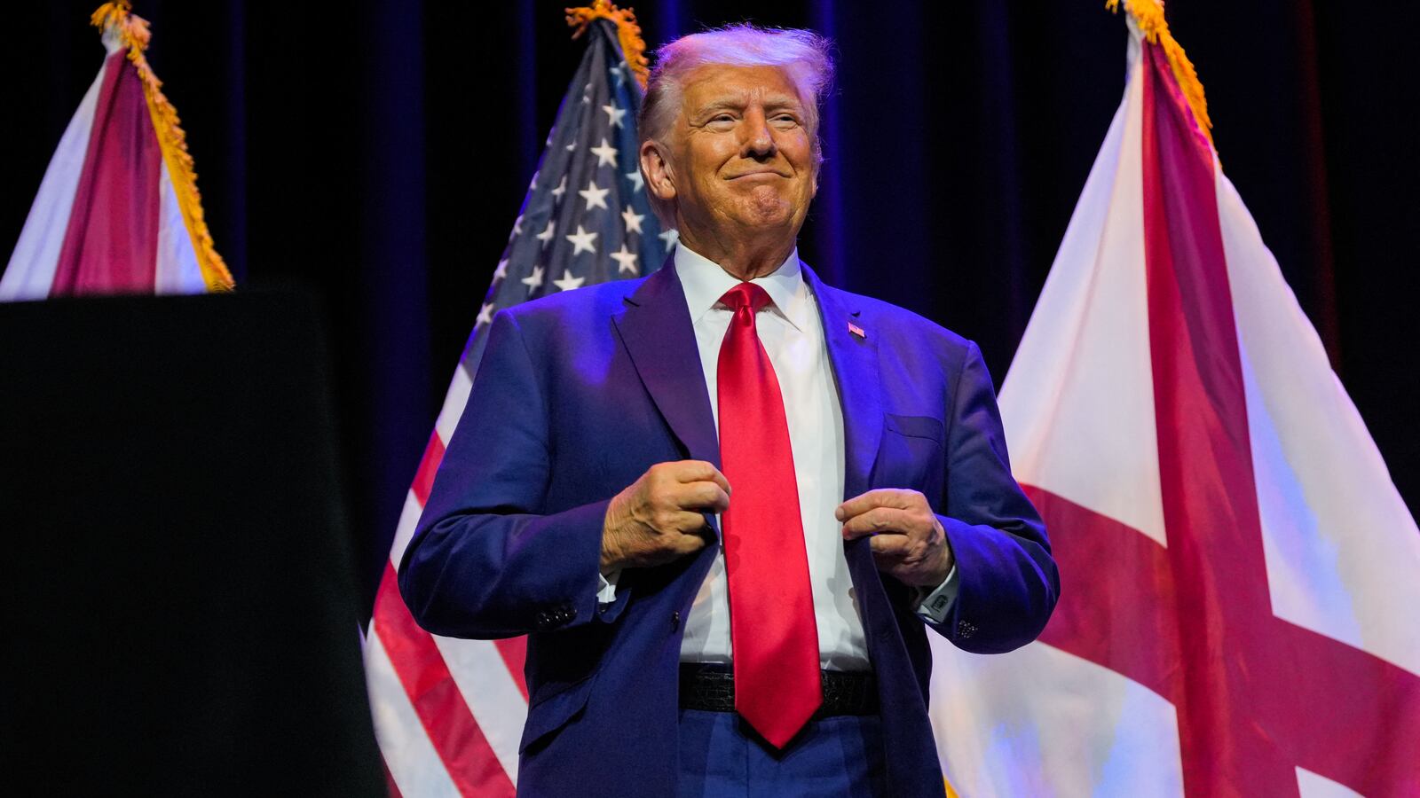 Donald Trump reacts as he attends the ALGOP Summer Meeting in Montgomery, Alabama, U.S. August 4, 2023.