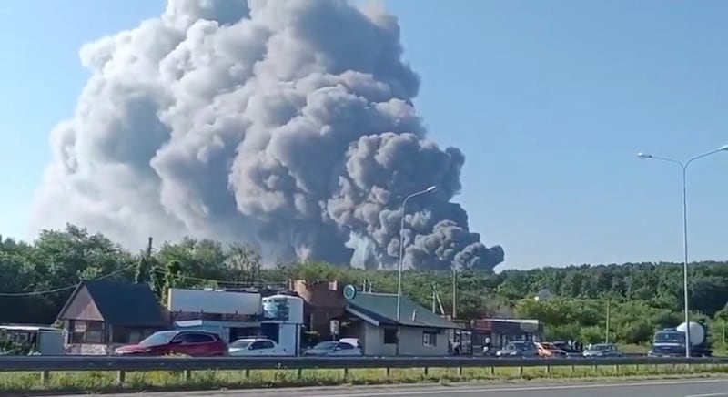 Smoke rises after a Ukrainian drone attack on a Wildberries warehouse, in Novosemeykino, Samara region, Russia, August 2, 2026, in this still image obtained from a video.