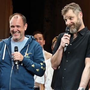 Trey Parker, Matt Stone, and Robert Lopez speak onstage after the special anniversary performance of their musical "The Book of Mormon."