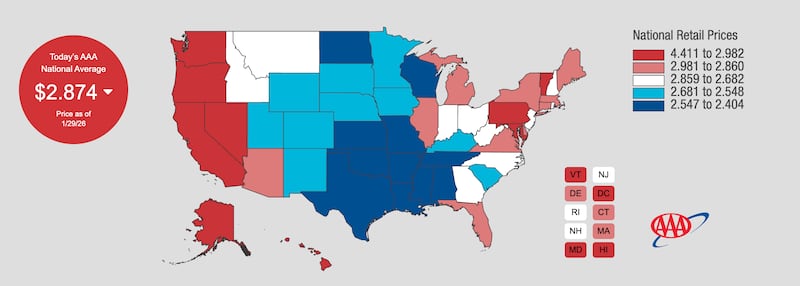 Average gas prices across the country are well over $2. The cheapest state, Oklahoma, has an average cost per gallon of $2.40.