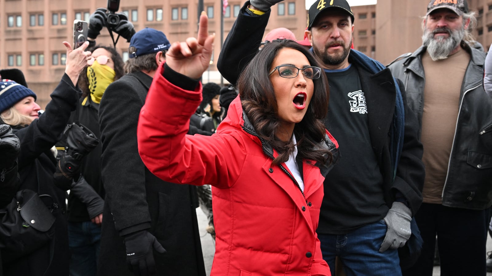 Rep. Lauren Boebert (R-CO) alongside Trump supporters speaks to the media outside the DC Central Detention Facility where some defendants from the January 6, 2021 attack on the US Capitol are being held, in Washington, DC, on January 21, 2025.
