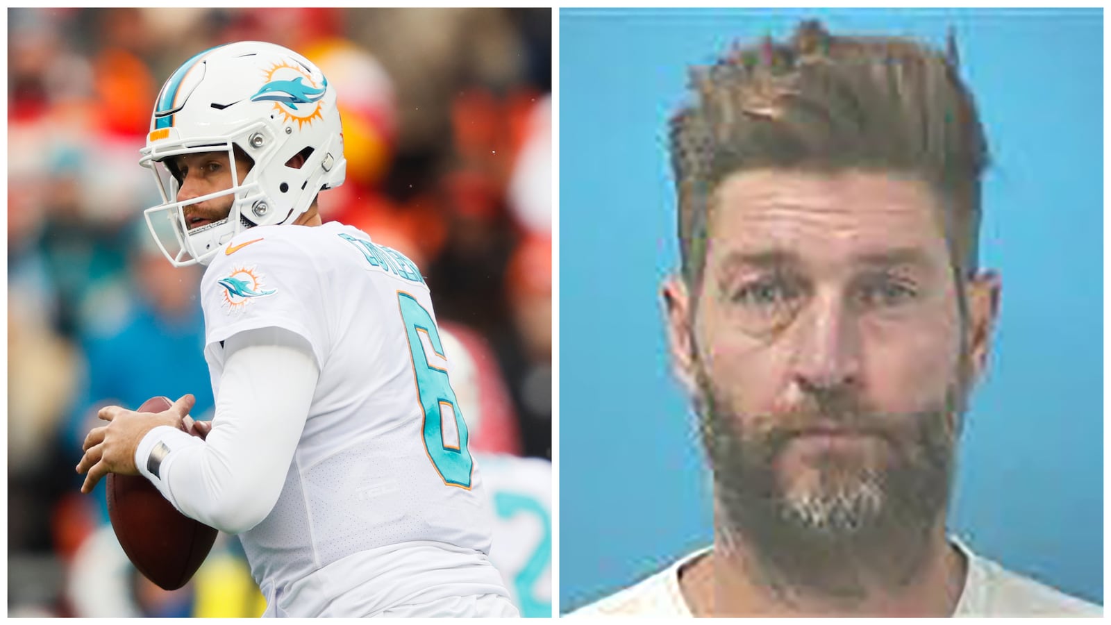 Left: Jay Cutler as a NFL quarterback for the Miami Dolphins; Right: Jay Cutler's mugshot