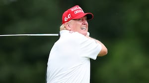 BEDMINSTER, NEW JERSEY - AUGUST 10: Former President Donald Trump follows his tee shot on the 3rd tee during the pro-am prior to the LIV Golf Invitational - Bedminster at Trump National Golf Club on August 10, 2023 in Bedminster, New Jersey. (Photo by Mike Stobe/Getty Images)