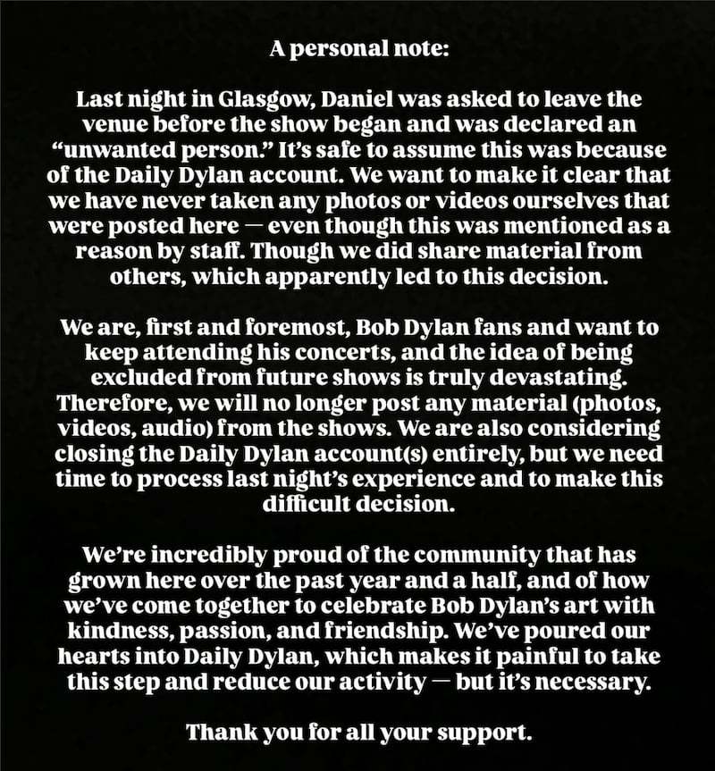 Statement from @daily_dylan_official on Instagram