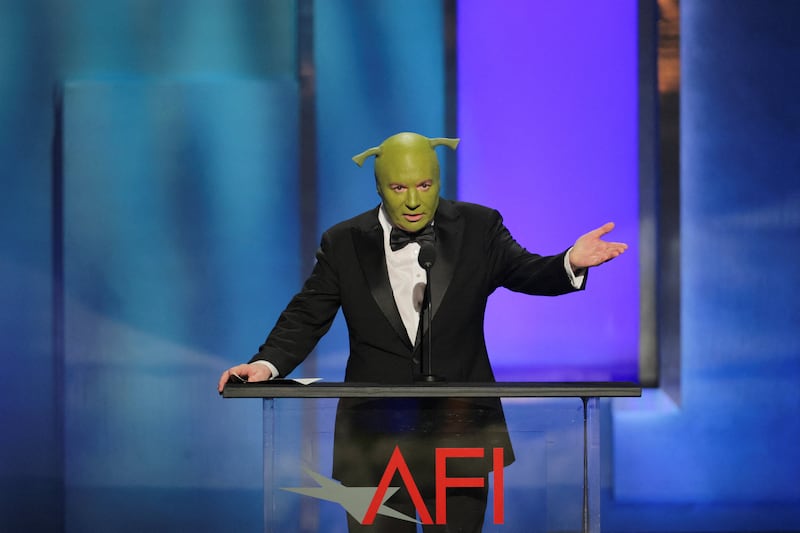 Mike Myers speaks on the stage at the 51st AFI Life Achievement Award tribute gala at the Dolby Theatre in Los Angeles, California, U.S., April 18, 2026. REUTERS/Daniel Cole