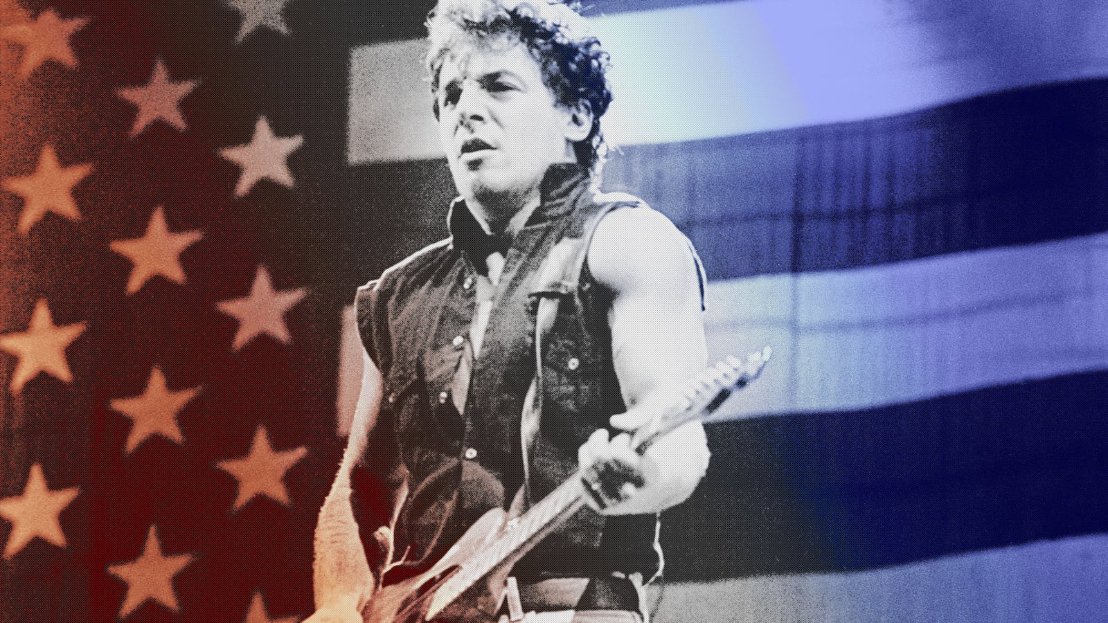 A photo illustration showing Bruce Springsteen performing circa 1985.