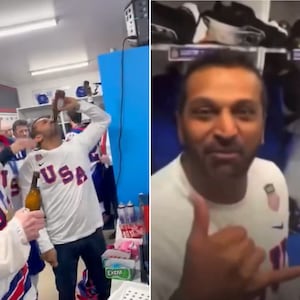 Kash Patel partying in the US Men's hockey locker room at the Olympics