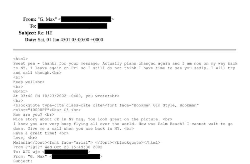 In a reply to Melania Trump's email, Ghislaine Maxwell greeted the future first lady as "sweet pea," the new Epstein documents release reveals.