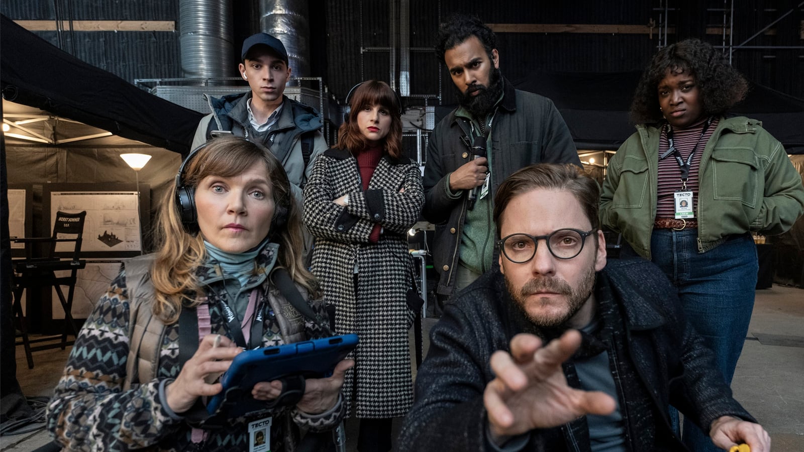 Jessica Hynes, Daniel Brühl, Isaac Powell, Aya Cash, Himesh Patel, and Lolly Adefope in 'The Franchise'