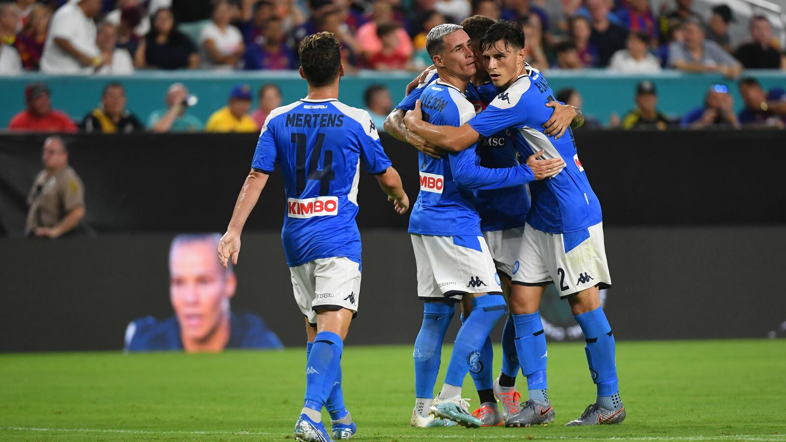 Napoli forward Jose Callejon (7) celebrates an own goal scored by Barcelona defender Samuel Umtiti (23, not pictured) in the first half during a United States La Liga-Serie A Cup Tour soccer match at Hard Rock Stadium.