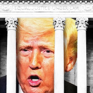 Donald Trump behind the columns of the Supreme Court building