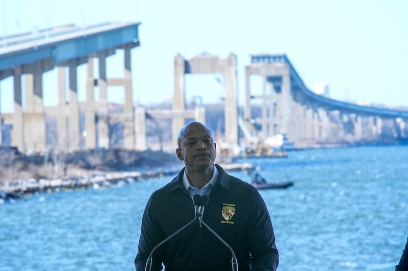 Maryland Governor Wes Moore addresses the crowd at a ceremony to commemorate the one year anniversary of the collapse of the Francis Scott Key Bridge on March 26, 2025, in Dundalk, MD.