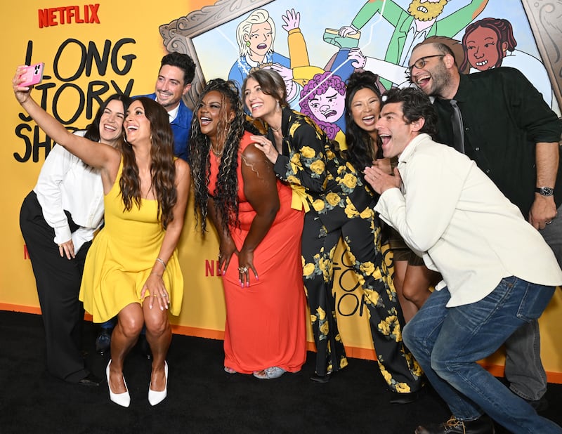 Abbi Jacobson, Angelique Cabral, Ben Feldman, Nicole Byer, Lisa Edelstein, Michaela Dietz, Max Greenfield, Raphael Bob-Waksberg at the Netflix "Long Story Short" Special Screening held at Tudum Theater on August 18, 2025 in Los Angeles, California. (Photo by Gilbert Flores/Variety via Getty Images)