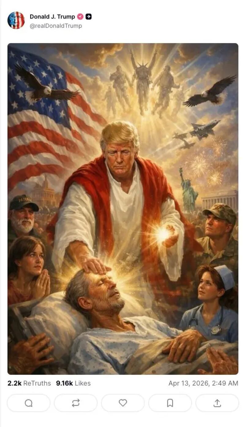 The president's account deleted the image of him like Jesus from Truth Social on Monday. Donald J. Trump/Truth Social.