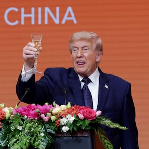 U.S. President Donald Trump makes a toast during a state banquet hosted by Chinese President Xi Jinping