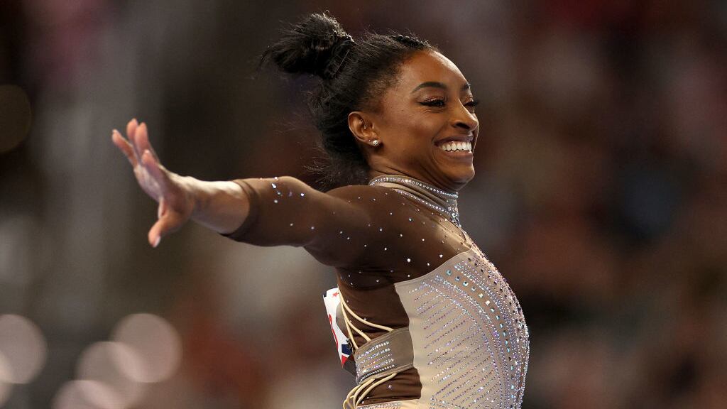 Simone Biles competes in the floor exercise during the 2024 Xfinity U.S. Gymnastics Championships in Fort Worth, Texas.