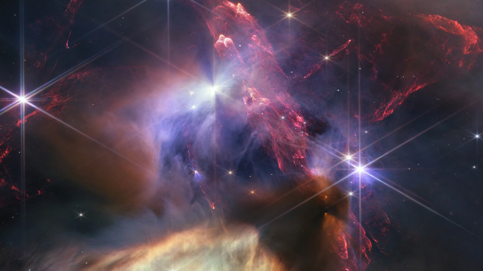 The Rho Ophiuchi cloud complex, pictured by the Webb Space Telescope.