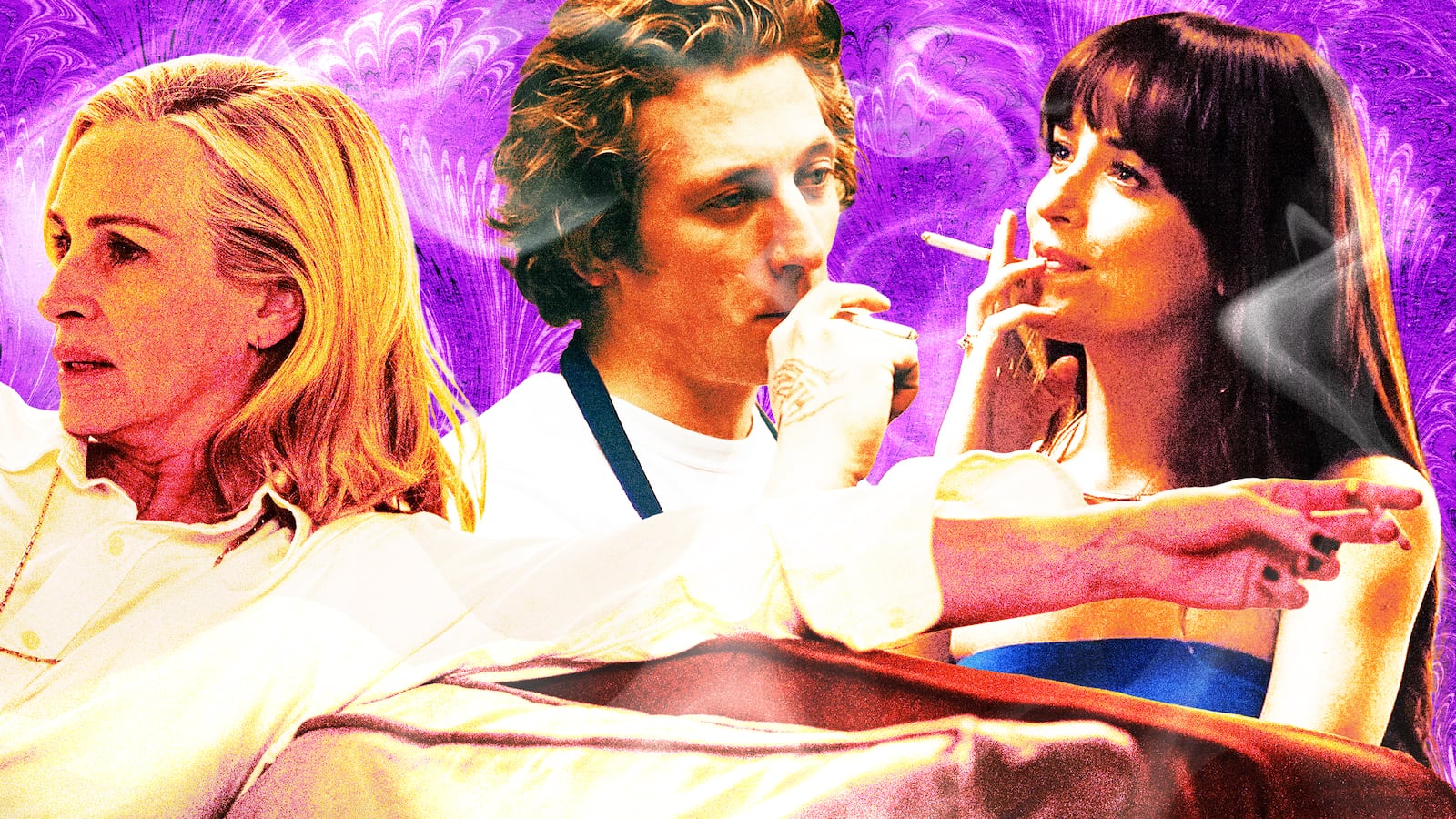 A photo illustration of Julia Roberts, Jeremy Allen White, and Dakota Johnson.