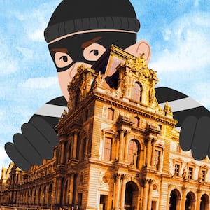 A photo illustration of a giant burglar above the Louvre in Paris, France.