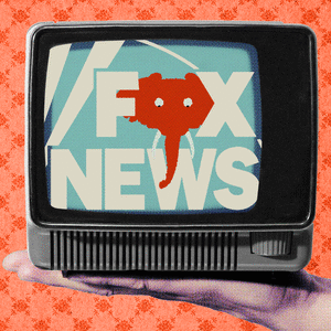 Photo illustration of a tv with the fox news logo and an elephant rolling its eyes as the "o"