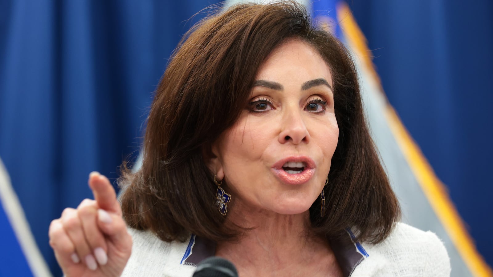 Attorney for the District of Columbia Jeanine Pirro speaks during a press conference at the U.S. Attorney's Office for the District of Columbia on July 02, 2026 in Washington, DC. Pirro announced that former Olympic canoeist David Hearn has been indicted by a grand jury on charges related to alleged vandalism of the Lincoln Memorial Reflecting Pool.