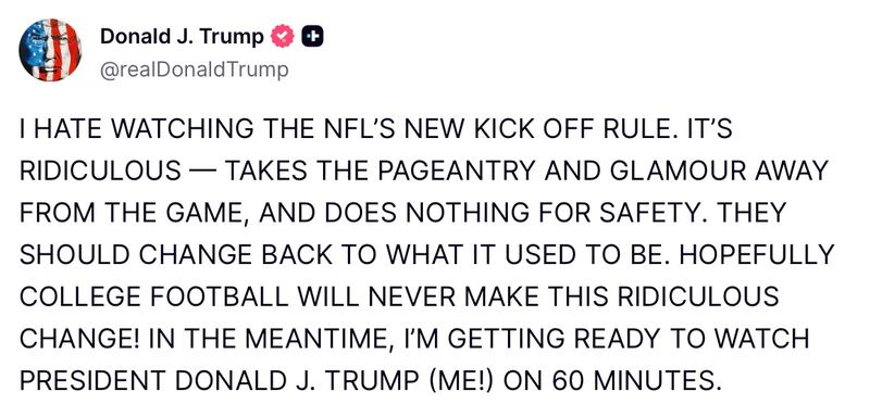 Donald Trump posts about the NFL on Truth Social.
