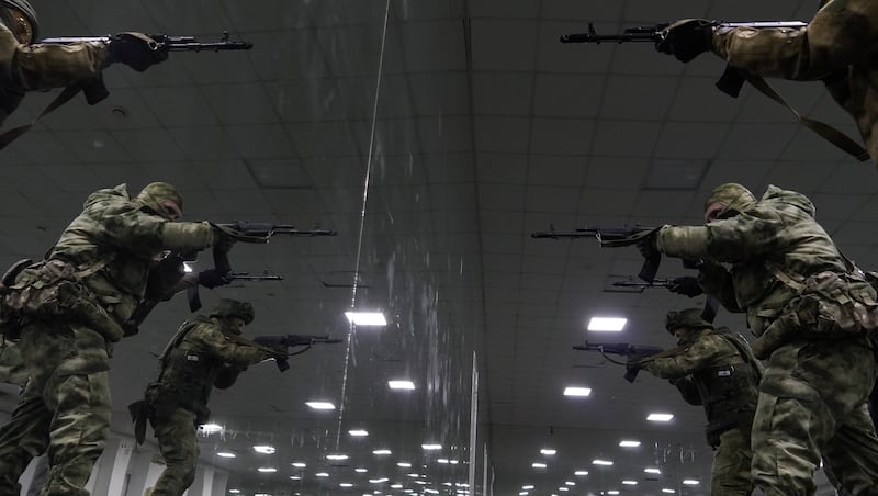 Civilians and volunteers receive shooting training by members of Russian army, special forces and security forces in Rostov, Russia on December 6, 2022.