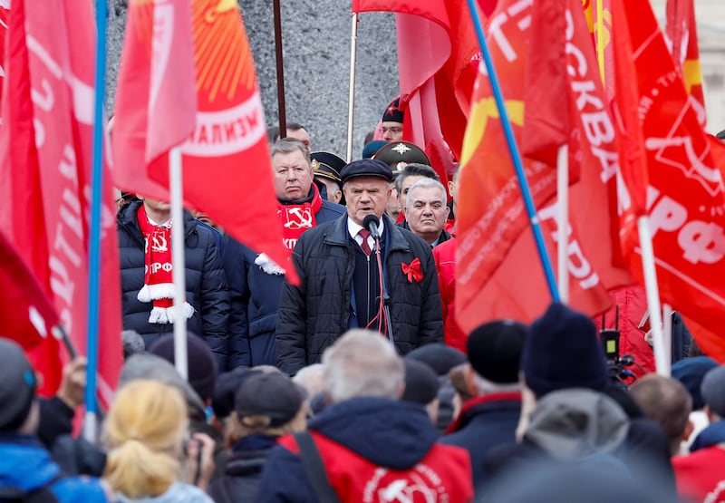 Leader of the Russian Communist Party Gennady Zyuganov addresses supporters during a rally marking the anniversary of the 1917 Bolshevik Revolution, also known as the Great October Socialist Revolution, in central Moscow, Russia, November 7, 2023. REUTERS/Maxim Shemetov