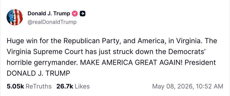 Trump celebrated the Virginia Supreme Court striking down the new voter-approved Virginia congressional maps that favor Democrats.