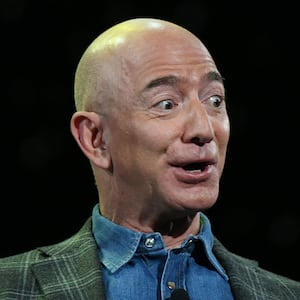 Jeff Bezos addresses the audience during a keynote session at the Amazon Re:MARS conference on robotics and artificial intelligence at the Aria Hotel in Las Vegas, Nevada on June 6, 2019.