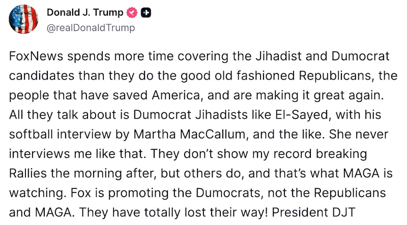 Screenshot of Trump's Truth Social post.