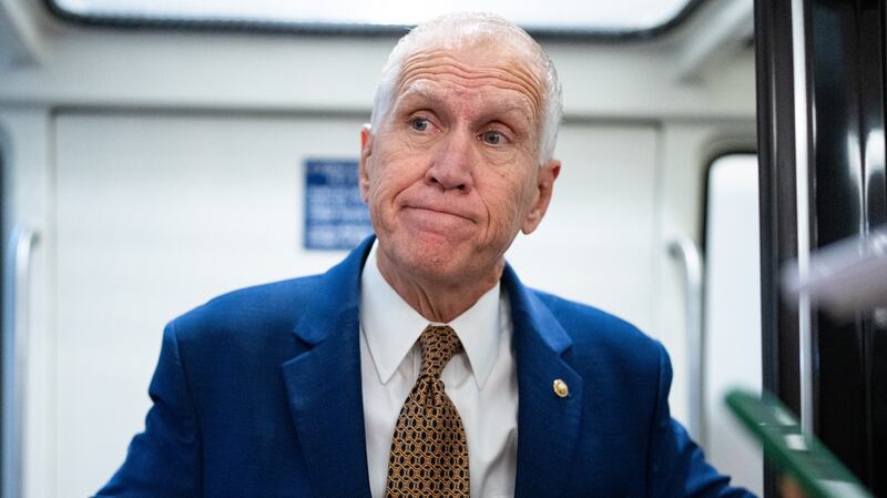 UNITED STATES - DECEMBER 18: Sen. Thom Tillis, R-N.C., speaks to reporters after a vote in the U.S. Capitol on Thursday, December 18, 2025. (Bill Clark/CQ-Roll Call, Inc via Getty Images)