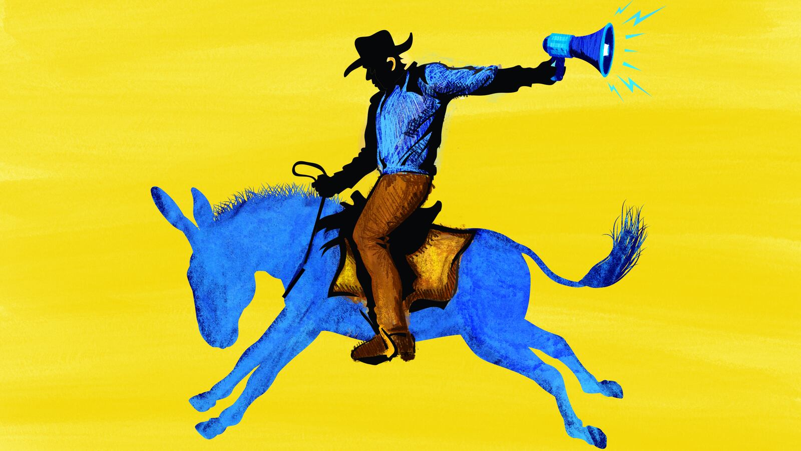 A photo illustration of a cowboy with a megaphone riding a bucking democrat blue donkey.