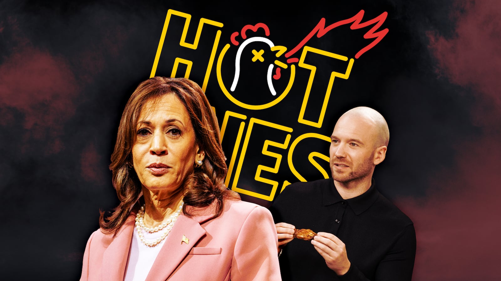 A photo illustration of Kamala Harris, Sean Evans, and Hot Ones.