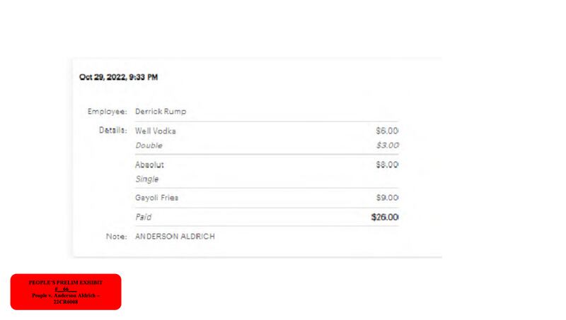 Copy of a receipt showing Aldrich was waited on by eventual victim Derrick Rump