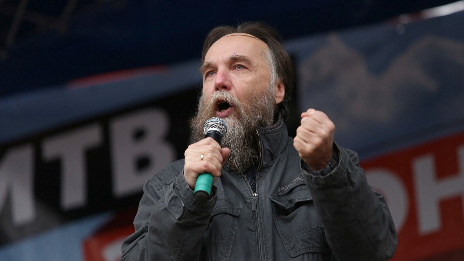 Alexander Dugin addresses the Battle for Donbas rally in support of the self-proclaimed Donetsk and Luhansk People’s Republics, in Moscow, Russia, Oct. 18, 2014.